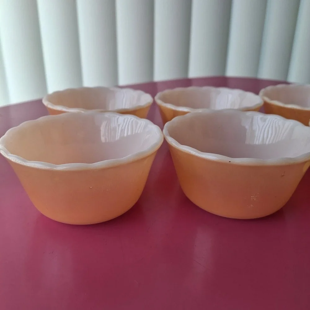 Fire-King Peach Lustre Scalloped Milk Glass Custard Cups Ramekins Set of 6
